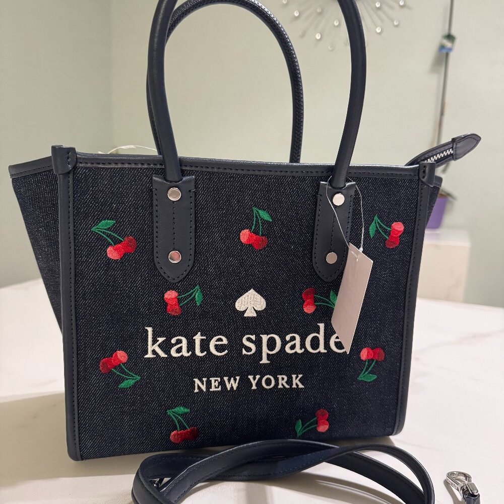 Kate Spade Denim Ella Cherry Embroidery Satchel Handbag & Hair Clip - Picture 3 of 10